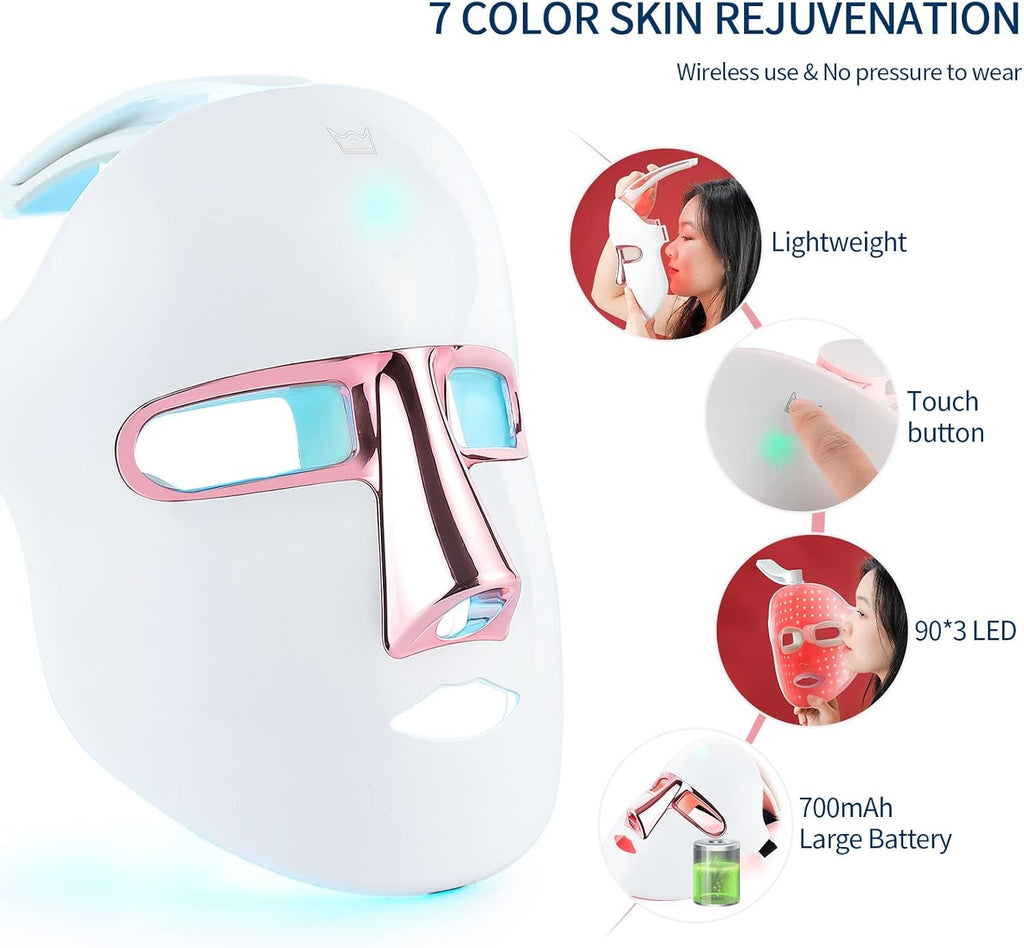 Máscara De Terapia De Luz LED De 7 Colores, Terapia De Luz Facial SPA Cuidado De La Piel Máscara De Tratamiento Facial Y Cuello, Dispositivo De Belleza Ligero Para Rejuvenecimiento