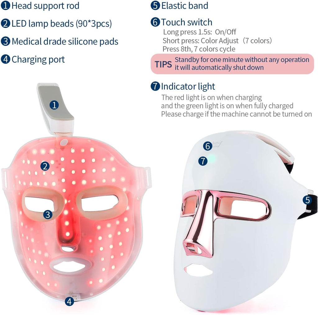 Máscara De Terapia De Luz LED De 7 Colores, Terapia De Luz Facial SPA Cuidado De La Piel Máscara De Tratamiento Facial Y Cuello, Dispositivo De Belleza Ligero Para Rejuvenecimiento